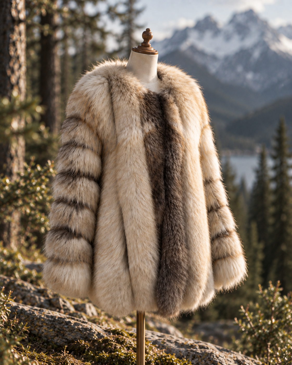 MP Couture outerwear displayed outdoors in a mountain setting